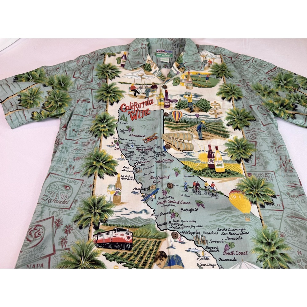 Reyn Spooner California Wine Map Shirt Mens Small Rayon Hawaiian Camp Green S - Picture 2 of 8